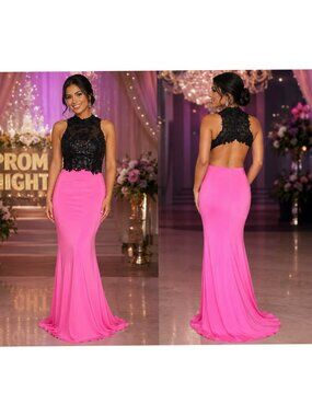 NWT Studio 17 Rhinestone & Lace Prom Maxi Dress Black & Pink Size 6 Backless